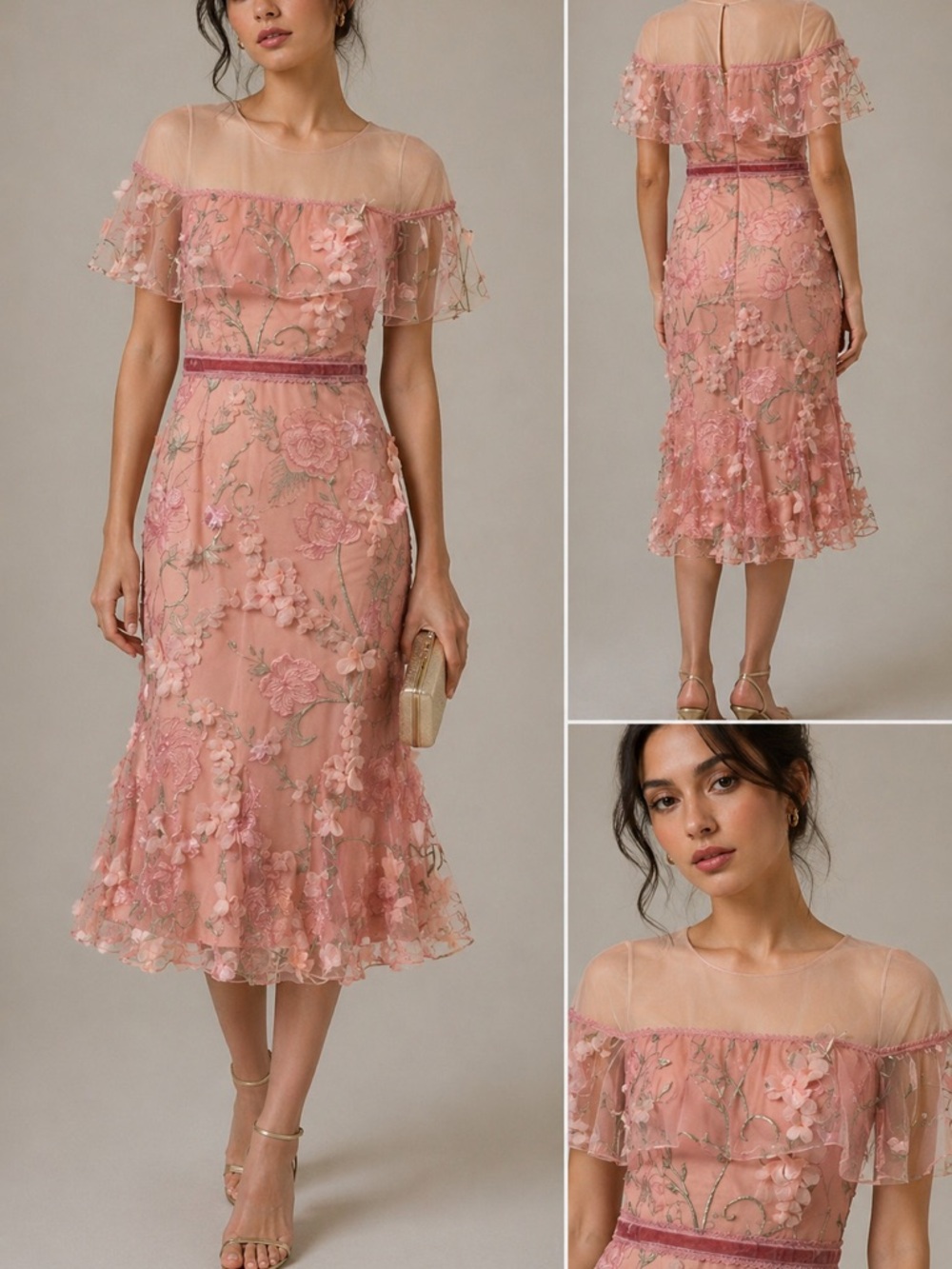 NWT Marchesa Notte Blush Pink Floral Embroidered Midi Dress Sz 6 (back from TRR)
